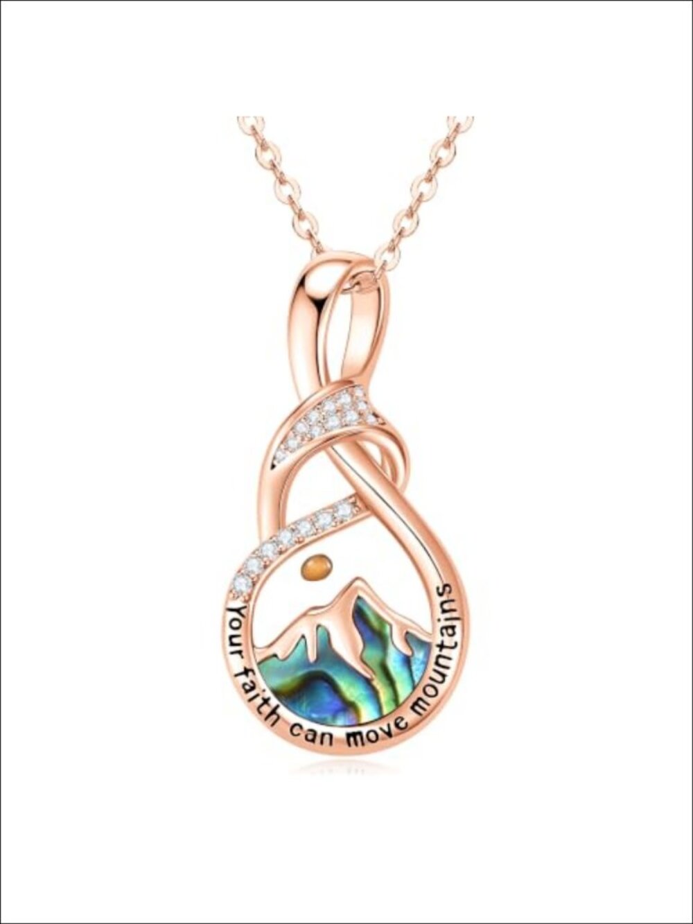 Mustard Seed Mountain Pendant Necklace Rose Gold Plated Abalone Moissanite